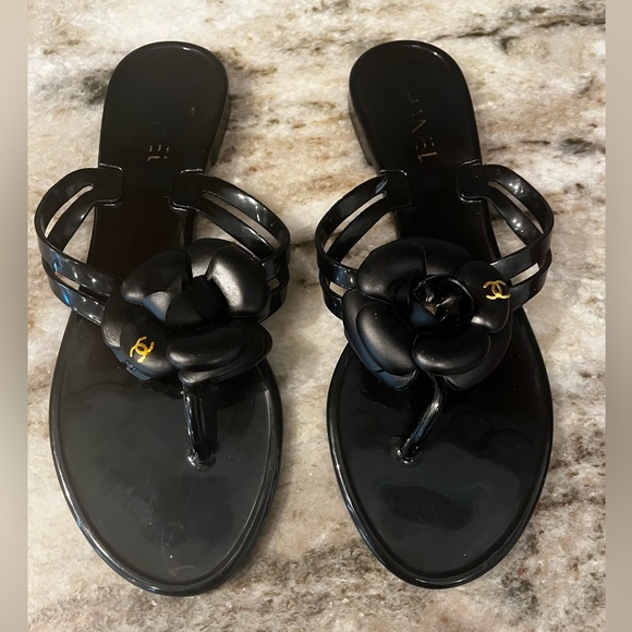 Shoes - CHANEL Camellia Black On Black Jelly Flower Flip Flop Sandals Women 38 EU / 7 US
